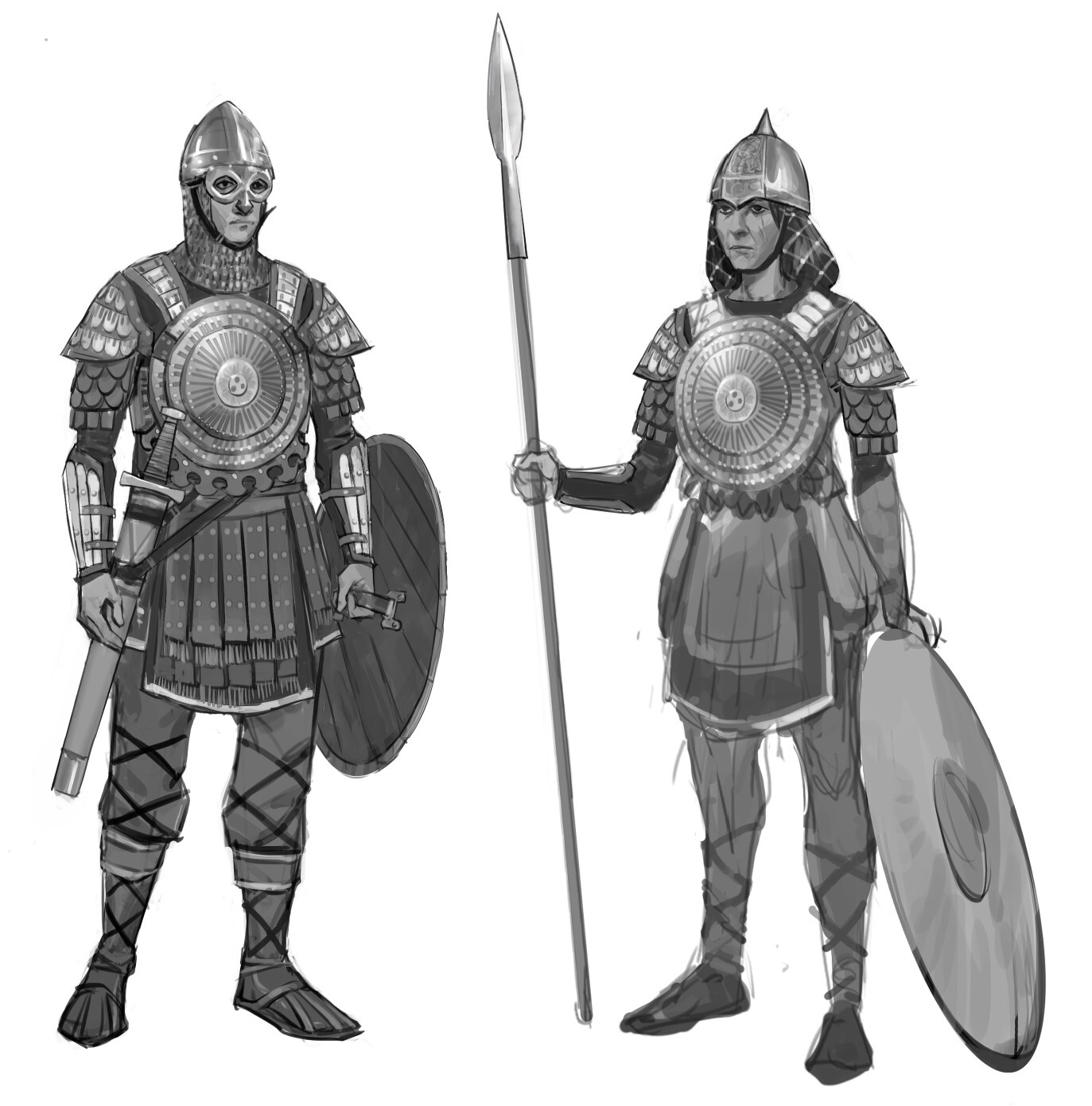A black and white concept sketch of male and female military units.