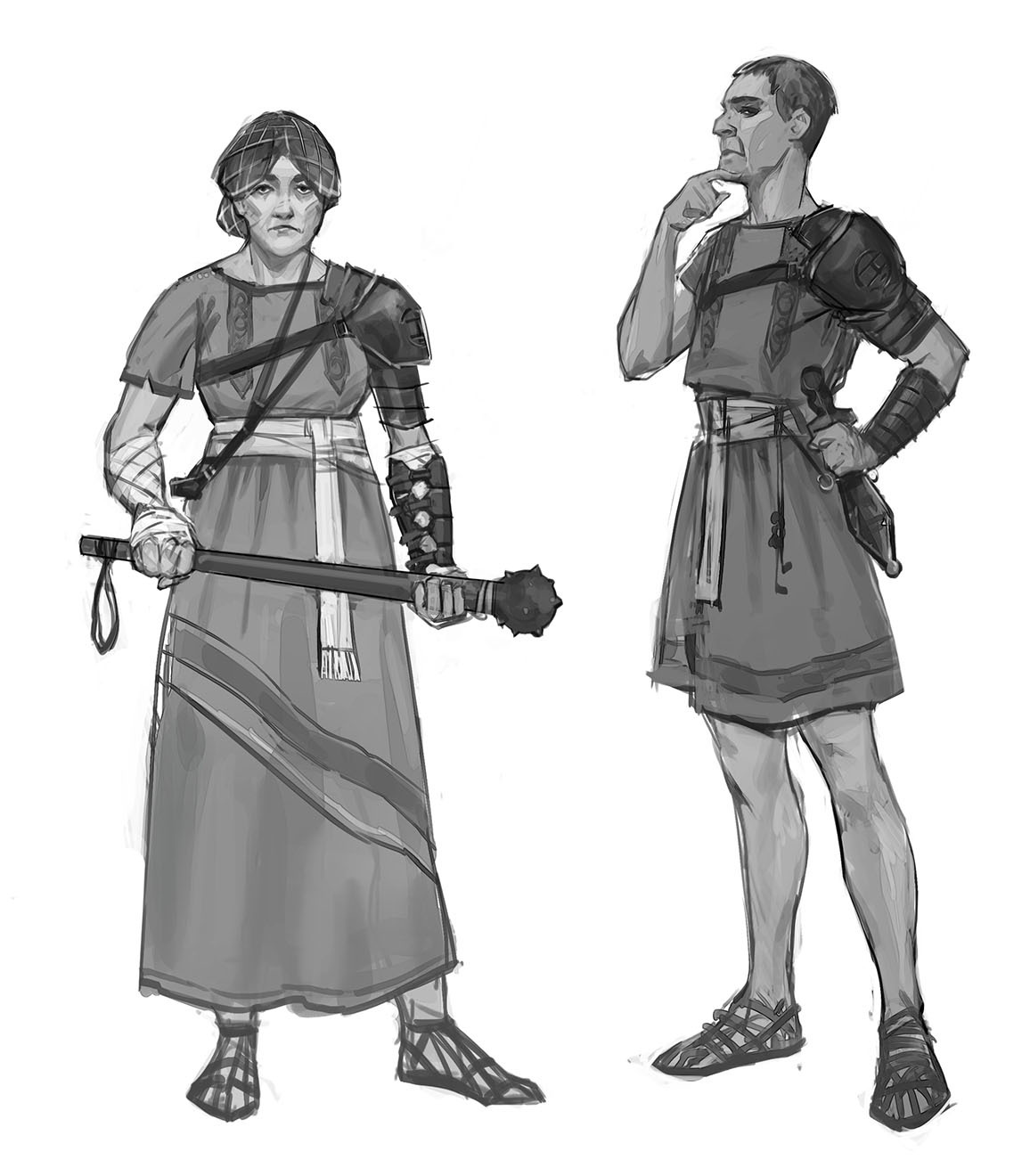 A black and white concept sketch of a female and male city guard